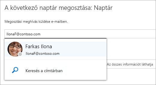 A Naptár megosztása párbeszédpanel képe.