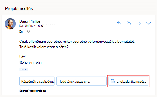 Képernyőkép a javasolt válaszról értekezlet ütemezéséhez