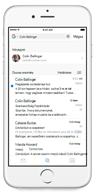 Egy mobilképernyőt mutat, felül a keresősávval és egy beírt névvel. A keresési eredmények a keresősáv alatt láthatók.