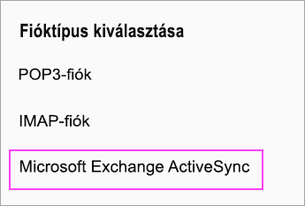 A Microsoft Exchange ActiveSync protokoll kiválasztása