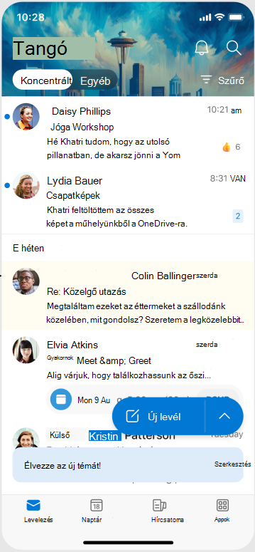 Képernyő, amely megjeleníti, hogyan jelenik meg egy téma az Outlook Mobile-ban alkalmazva