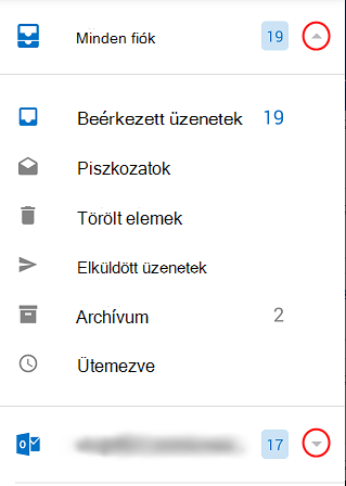 Az Outlook mappákat jeleníti meg, a bekarikázott lenyíló lista nyilakkal a képernyő jobb oldalán.