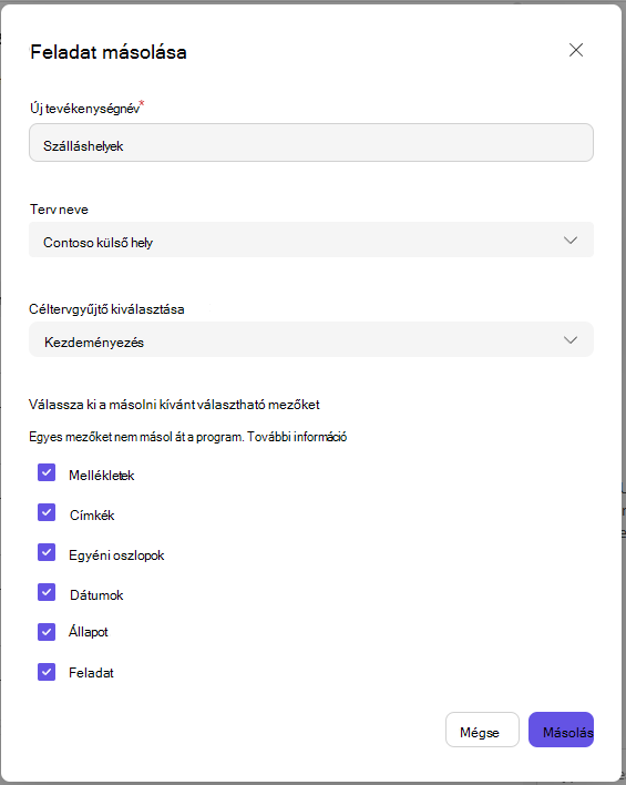 Feladat másolása párbeszédpanel a célmezővel és a választható mezőkkel.