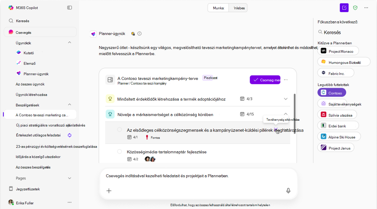 Képernyőkép, amelyen a Planner-ügynök szerkeszti az AI-javaslatot piszkozat módban.