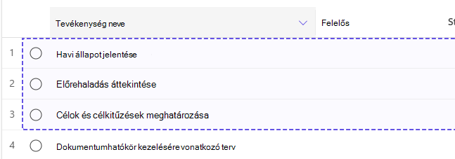 Három kijelölt tevékenység rácsnézetben.