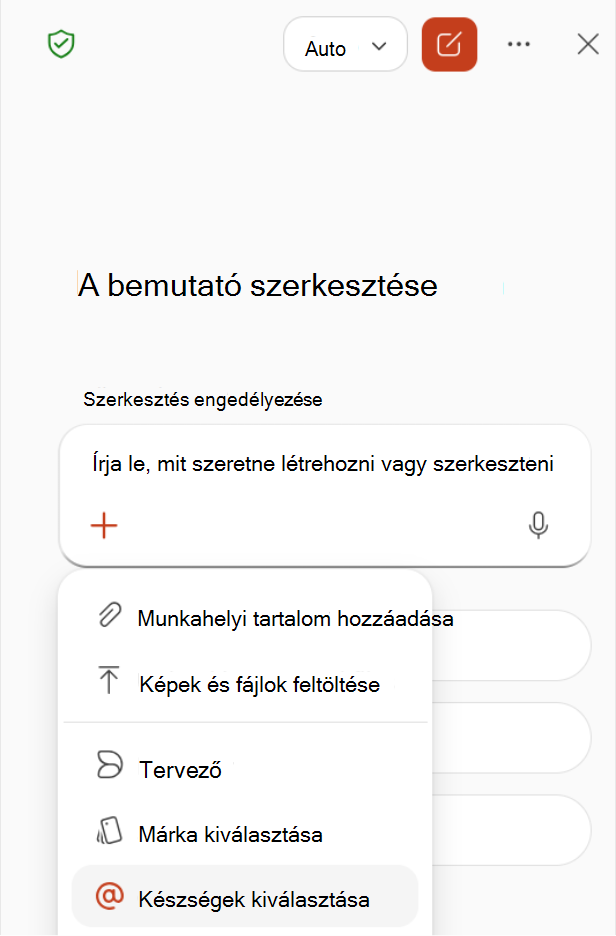 Képernyőkép a Copilot panel plusz menüjéből a Készségek kiválasztása lehetőség kiválasztásával.
