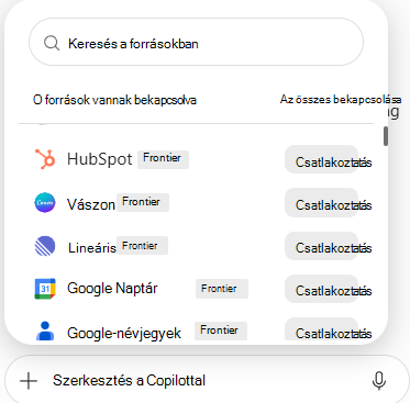 Képernyőkép az összekötők listájáról, az elérhető adatforrásokat és a PowerPoint Csatlakozás gombjait szemlélteti.