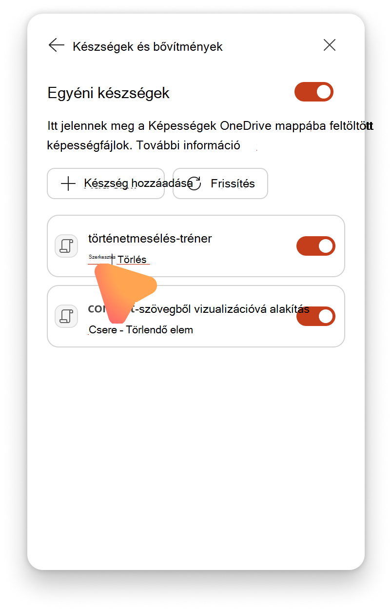 Képernyőkép, amely a képességek szerkesztését és törlését mutatja be a PowerPoint Copilot képességek kezelését tartalmazó paneljén.