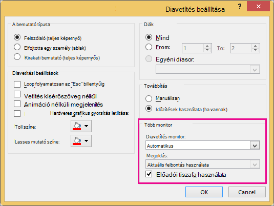 Monitorbeállítások a Vetítési beállítások párbeszédpanelen