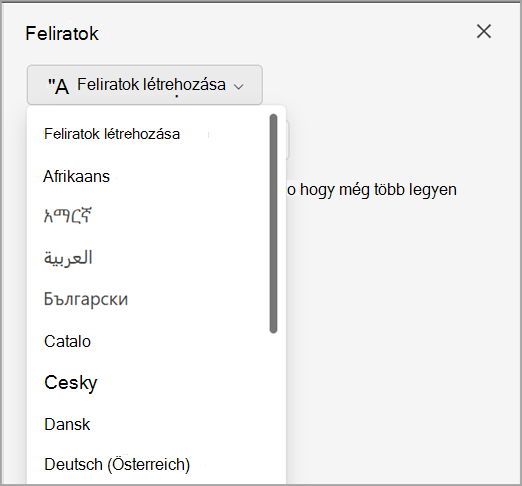Képernyőkép a Feliratok generálása legördülő listáról a Feliratok panelen.