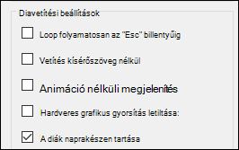 A Diavetítés beállítása párbeszédpanel Egyéb beállítások csoportja az engedélyezett Mindig frissüljenek a diák beállítással
