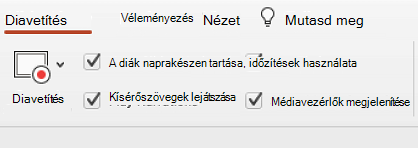 A menüszalag Diavetítés lapja, amelyen a Diák naprakészen tartása lehetőség van bejelölve.