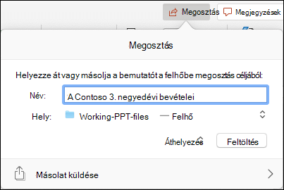 Párbeszédpanel, amely felajánlja a bemutató feltöltését a Microsoft felhőtárhelyére a zökkenőmentes megosztás érdekében.
