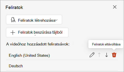 Képernyőkép a Feliratok ablaktáblában található feliratsáv Felirat eltávolítása gombjáról.