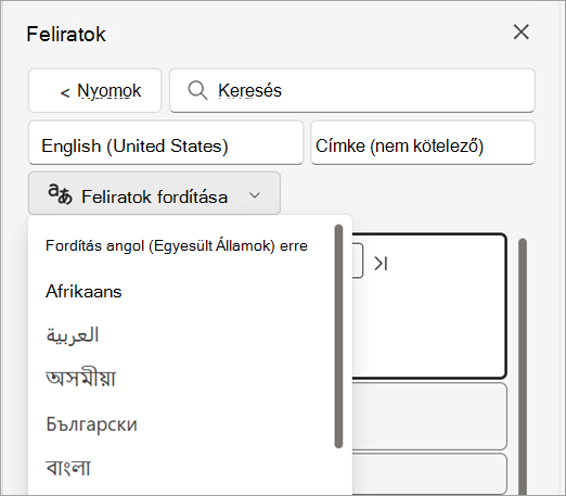 Képernyőkép a Feliratok lefordítása legördülő listáról a Feliratok ablaktáblán.