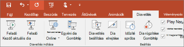A PowerPoint menüszalagjának Diavetítés lapja