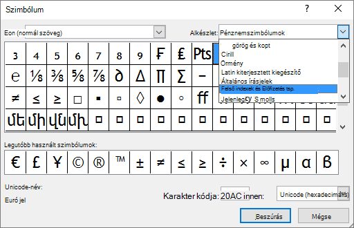A PowerPoint Szimbólum párbeszédpaneljének Felső index és Alsó index eleme