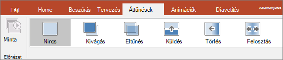 A PowerPoint menüszalagjának Áttűnések lapja.