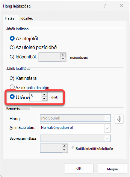 Megadhatja, hogy a hangklip hány dián át legyen játszva.