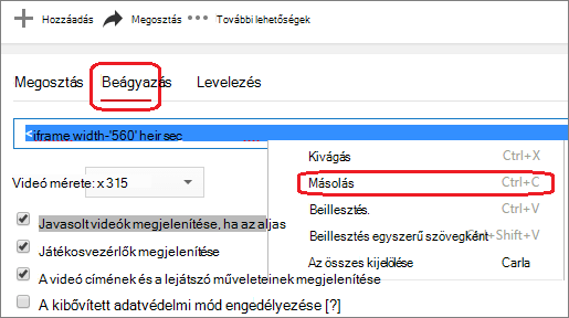 Az iFrame beágyazási kód másolása