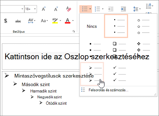 Az alapértelmezett listajel beállítása az összes szinthez
