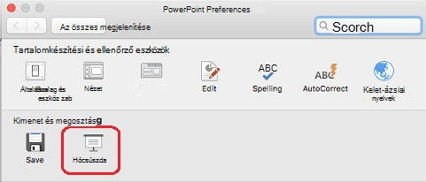 A PowerPoint-beállítások párbeszédpanel Kimenet és megosztás területén kattintson a Diavetítés lehetőségre.