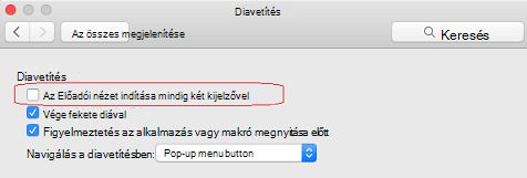 A Diavetítés párbeszédpanelen törölje a jelet az Előadói nézet indítása mindig két megjelenítőeszközzel jelölőnégyzetből.