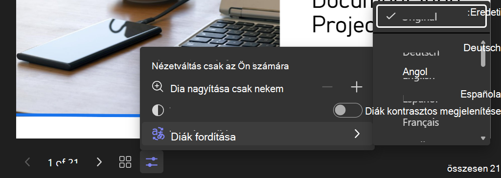 Képernyőkép az Élő PowerPoint Nézetváltás eleméről a kijelölt Diák fordítása elemmel és a nyelvek listájával.
