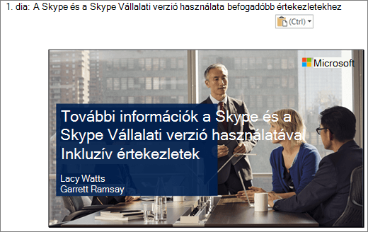 Képernyőkép az új Word-dokumentumról az 1. dia diacímével A képen látható dia tartalmazza a dia címét, az előadók nevét és egy konferenciaasztal körül ülő üzletemberek háttérképét.