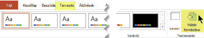A PowerPoint menüszalagjának Tervezés lapján látható Háttér formázása gomb