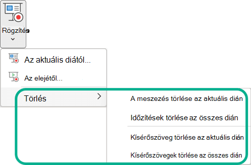 A Törlés parancs a PowerPoint Diavetítés felvétele menügombján