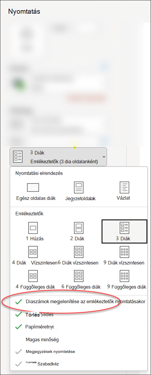 A PowerPoint Nyomtatás párbeszédpanelje, amelyen látható a diaszámok emlékeztetőkre való nyomtatására szolgáló beállítás.