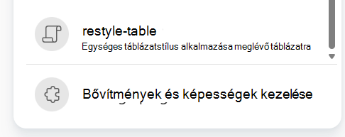Képernyőkép egy rögzített képesség kiválasztásáról a Copilot-parancssor plusz menüből.