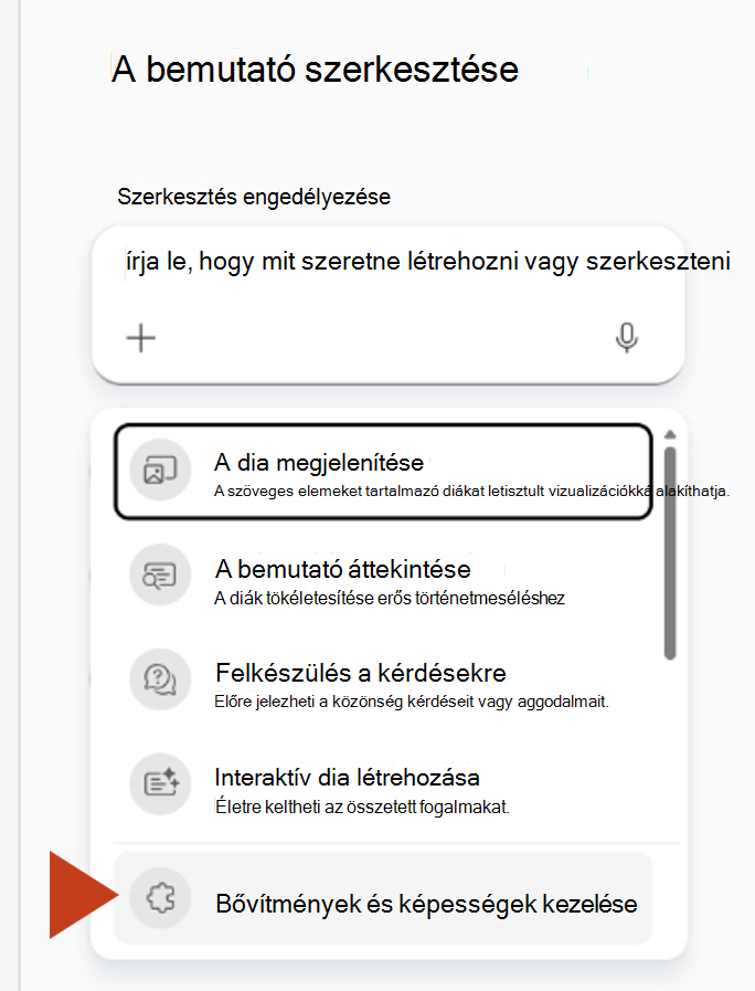 Képernyőkép a Beépülő modulok és képességek kezelése lehetőség kiválasztásáról a Copilot panel plusz menüjéből.