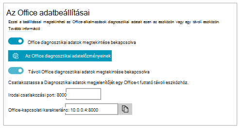 Képernyőkép a Diagnosztikai adatok megjelenítőjének beállításai párbeszédpanel Office-adatok beállításai szakaszáról