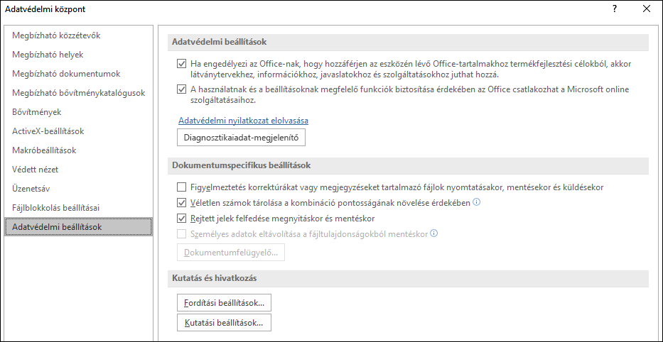 Az Office Adatvédelmi központ adatvédelmi beállításai