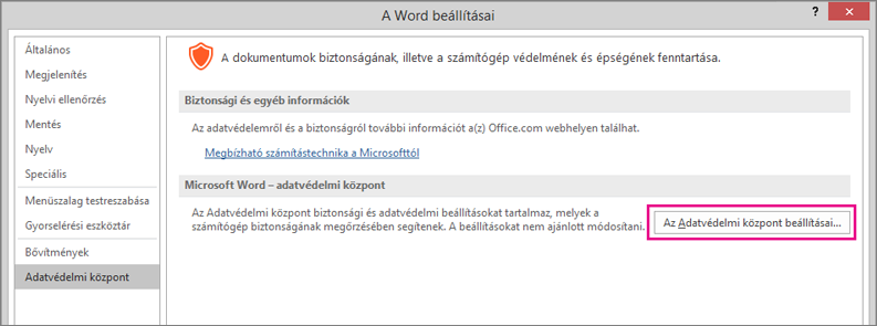 Az Adatvédelmi központ beállításai gomb kiemelve.