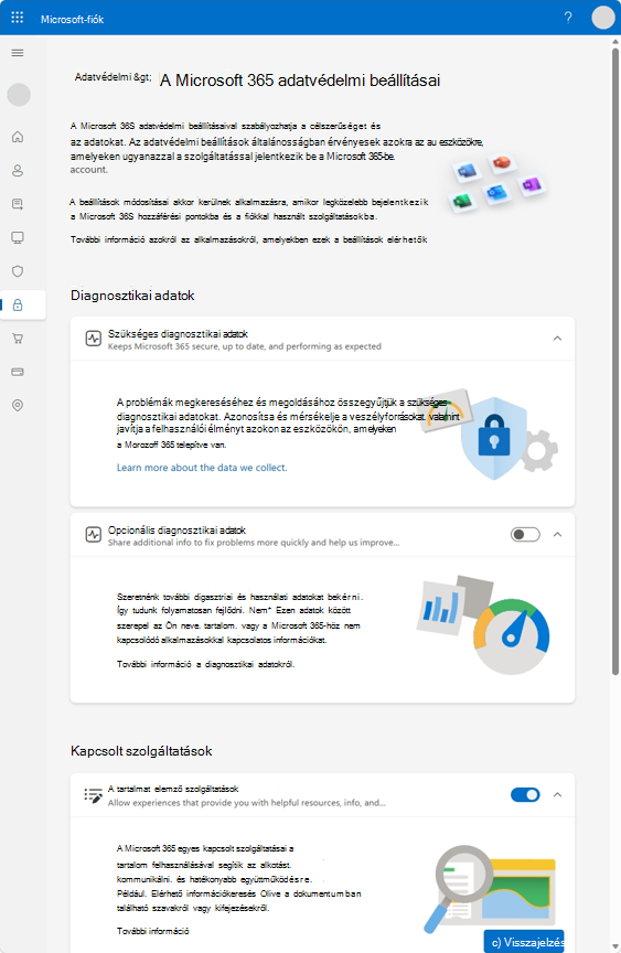A Microsoft 365 adatvédelmi beállításainak lapja a diagnosztikai adatok és a kapcsolt szolgáltatások szabályozására szolgáló lehetőségekkel.