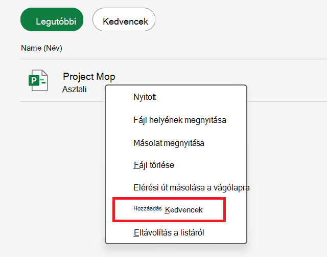 Képernyőkép a Hozzáadás a kedvencekhez parancsról.