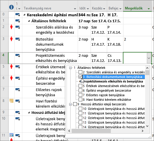 A Megelőzők oszlop tevékenységkijelölési menüje