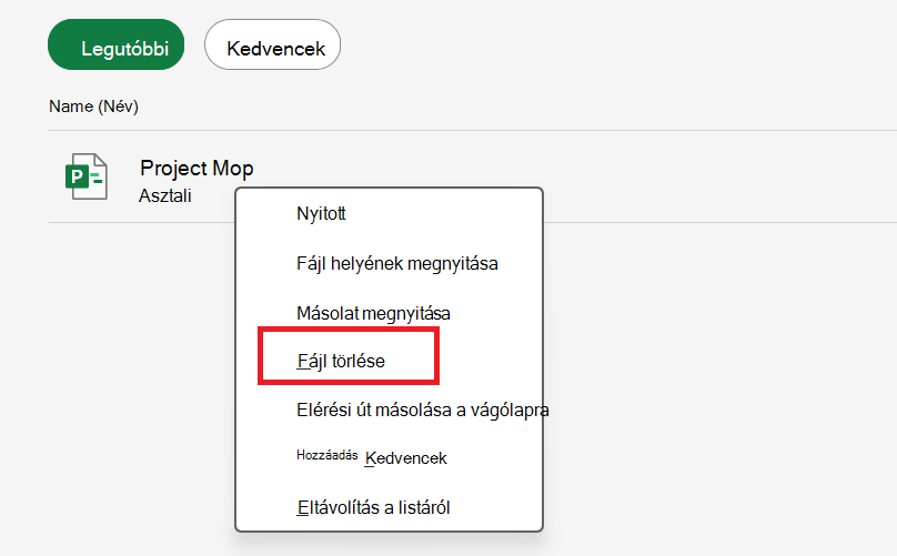 Képernyőkép a Fájl törlése lehetőségről.