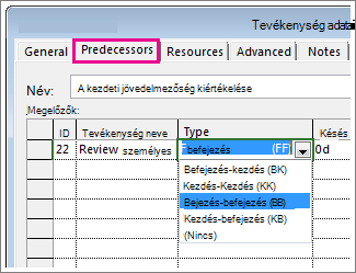 A Tevékenység adatai párbeszédpanel Megelőzők lapja