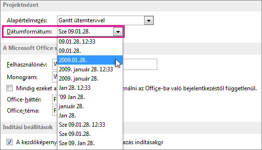 A Dátumformátum lista a Project beállításai párbeszédpanelen