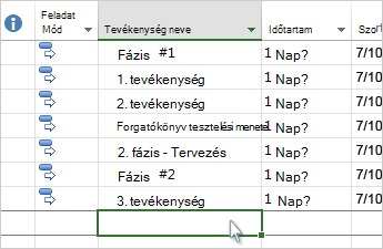 Képernyőkép egy tevékenységlistáról a Gantt-diagramon