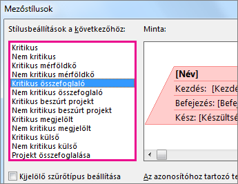 A tevékenységmezők megjelenésének és tartalmának módosítása.