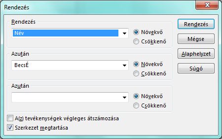 A Rendezés párbeszédpanel képe