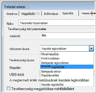 Tevékenység adatai párbeszédpanel, Kényszer típusa menü