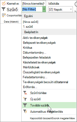 A Project menüszalagja, rajta az egyéni szűrő létrehozásának módja