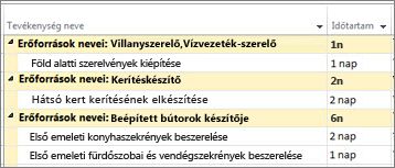 Erőforrás szerint csoportosított tevékenységek képe egy Gantt-diagramon