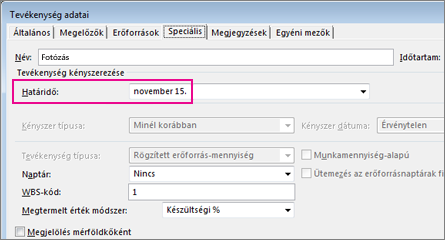 Határidő beállítása a tevékenységekhez